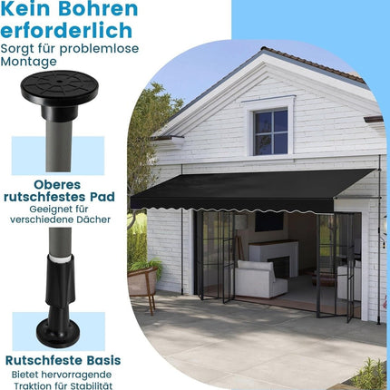 Retractable Balcony Awning, No-Drill, Adjustable Height, Black
