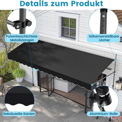 Retractable Balcony Awning, No-Drill, Adjustable Height, Black
