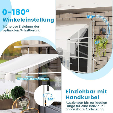 Retractable Balcony Awning, No-Drill, Adjustable Height, White