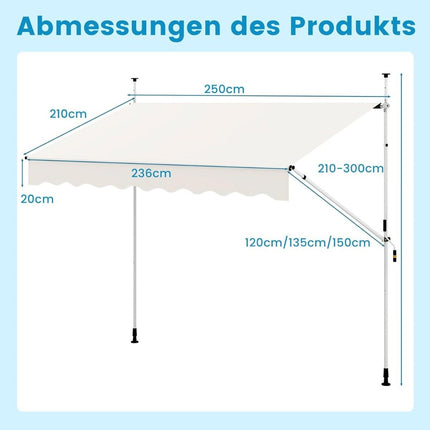 Retractable Balcony Awning, No-Drill, Adjustable Height, White