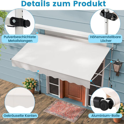 Retractable Balcony Awning, No-Drill, Adjustable Height, White