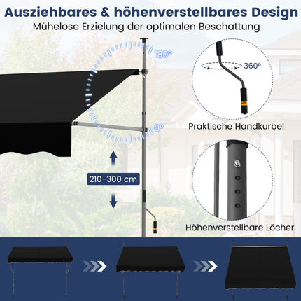 Ausziehbare Balkonmarkise, ohne Bohren, UV-beständig, 200 cm, Schwarz