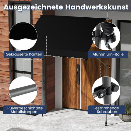 Ausziehbare Balkonmarkise, ohne Bohren, UV-beständig, 200 cm, Schwarz