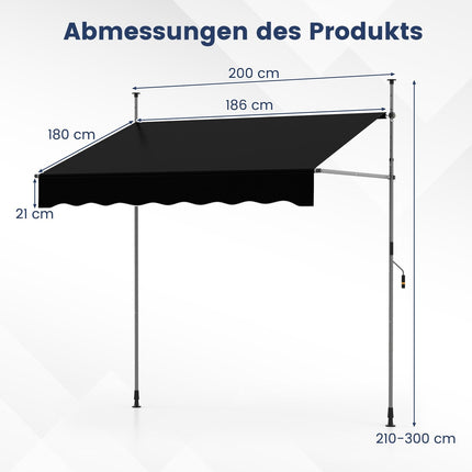 Ausziehbare Balkonmarkise, ohne Bohren, UV-beständig, 200 cm, Schwarz
