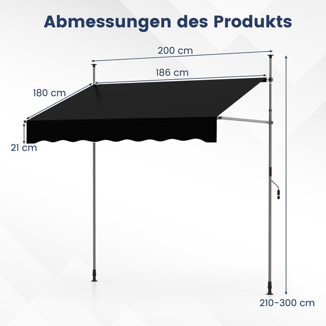 Ausziehbare Balkonmarkise, ohne Bohren, UV-beständig, 200 cm, Schwarz