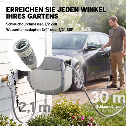 Einziehbarer Gartenschlauchwagen mit Wandhalterung, 30m Länge