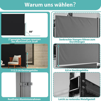 Gartenseitenmarkise ausziehbar, 180 x 300 cm, Aluminium