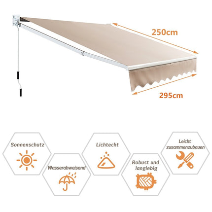 Einziehbare Markise, Wasserabweisendes Polyester, 295x250 cm, Beige
