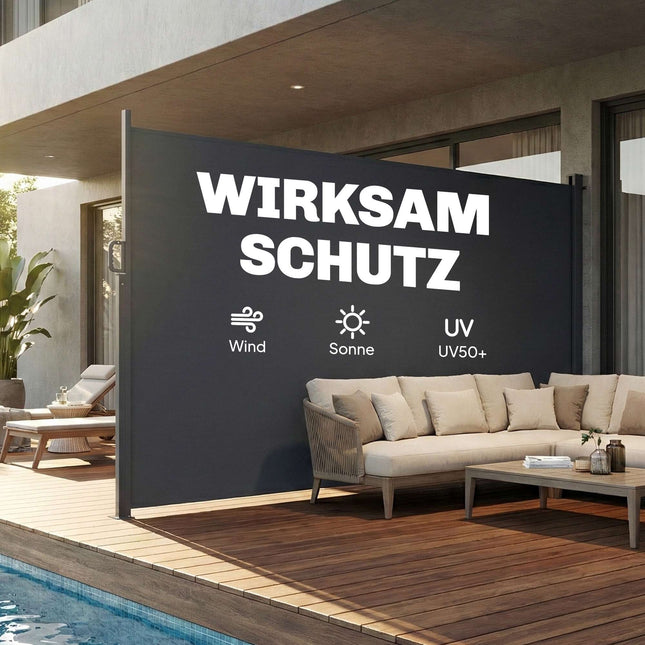 Ausziehbare Outdoor-Sichtschutzwand, wasserabweisend, UV 50+, 420x185 cm, Dunkelgrau