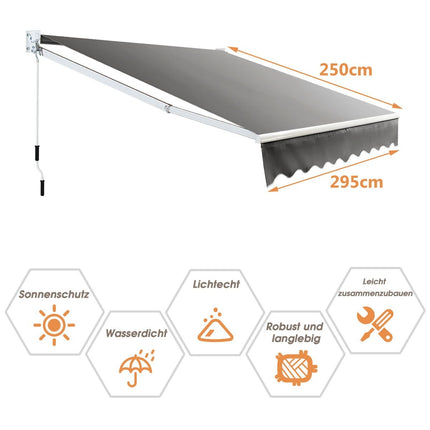 Retractable Patio Awning, 295x250 cm, Grey, Aluminum