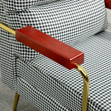 Retro Accent Chair, Houndstooth Pattern, Wood & Gold Elements