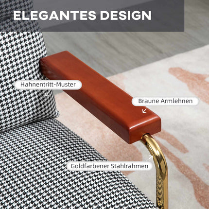 Retro Accent Chair, Houndstooth Pattern, Wood & Gold Elements
