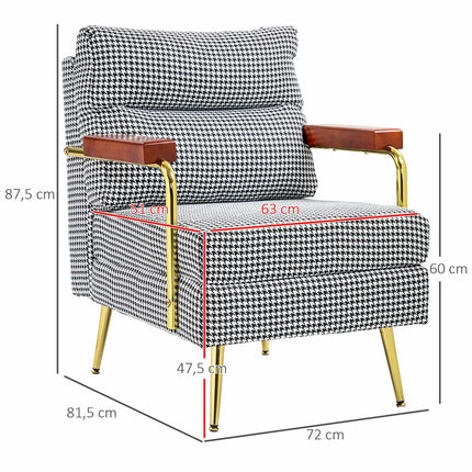 Retro Accent Chair, Houndstooth Pattern, Wood & Gold Elements