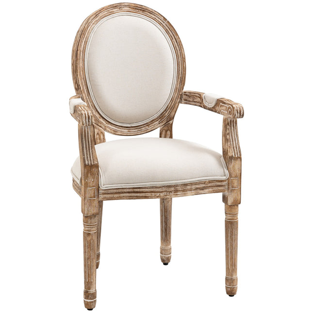 Upholstered dining chair with armrests, wooden frame, cream
