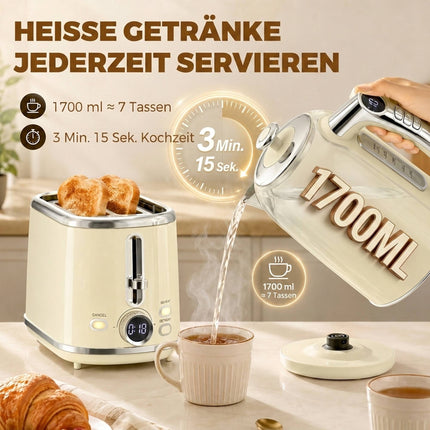 Retro Kettle & Toaster Set with LED Display, Cream