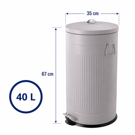 Retro Pedal Waste Bin 40 L with Soft-Close Lid, Light Grey, Iron