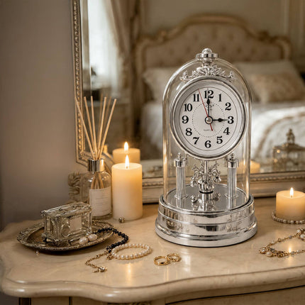 Retro Silver Desk Clock with Rotating Pendulum