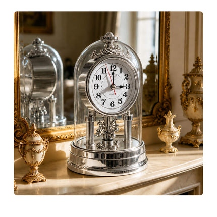 Retro Silver Desk Clock with Rotating Pendulum