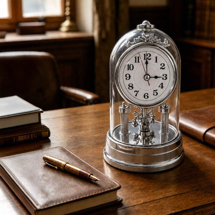 Retro Silver Desk Clock with Rotating Pendulum