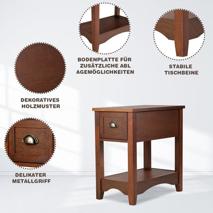 Retro Beistelltisch mit Schublade &amp; Ablage Gummibaumholz Beine für Wohn- &amp; Schlafzimmer Rotbraun