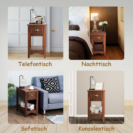 Retro Beistelltisch mit Schublade &amp; Ablage Gummibaumholz Beine für Wohn- &amp; Schlafzimmer Rotbraun