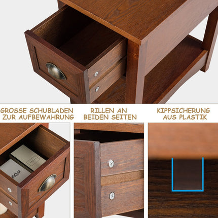 Retro Beistelltisch mit Schublade &amp; Ablage Gummibaumholz Beine für Wohn- &amp; Schlafzimmer Rotbraun