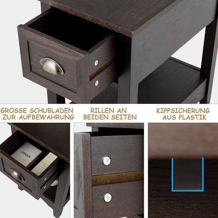 Retro bijzettafel met lade en plank, poten van rubberhout voor woonkamer en slaapkamer, notenhout