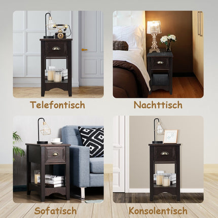 Retro bijzettafel met lade en plank, poten van rubberhout voor woonkamer en slaapkamer, notenhout