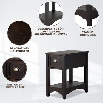 Retro bijzettafel met lade en plank, poten van rubberhout voor woonkamer en slaapkamer, notenhout