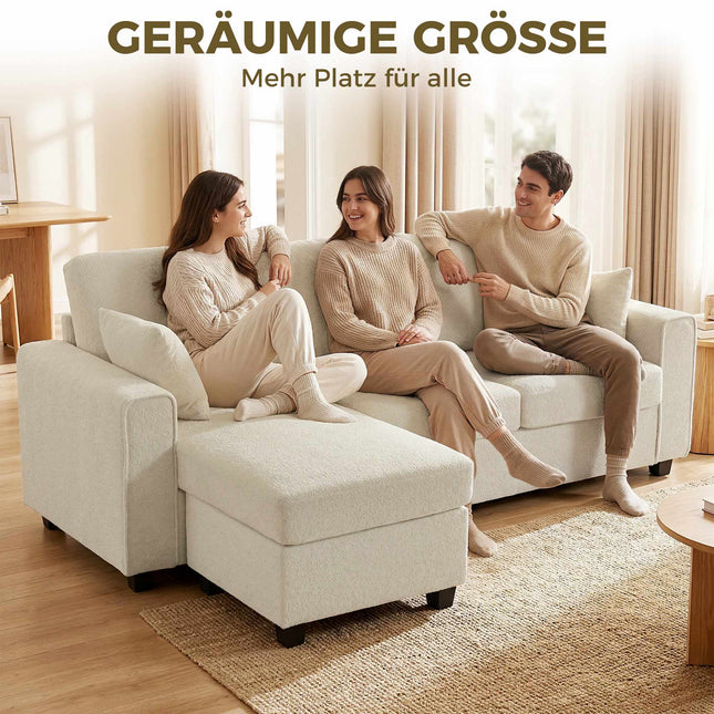Umkehrbares Chaise 3-Sitzer Samtsofa, Beige, Tiefe Sitze