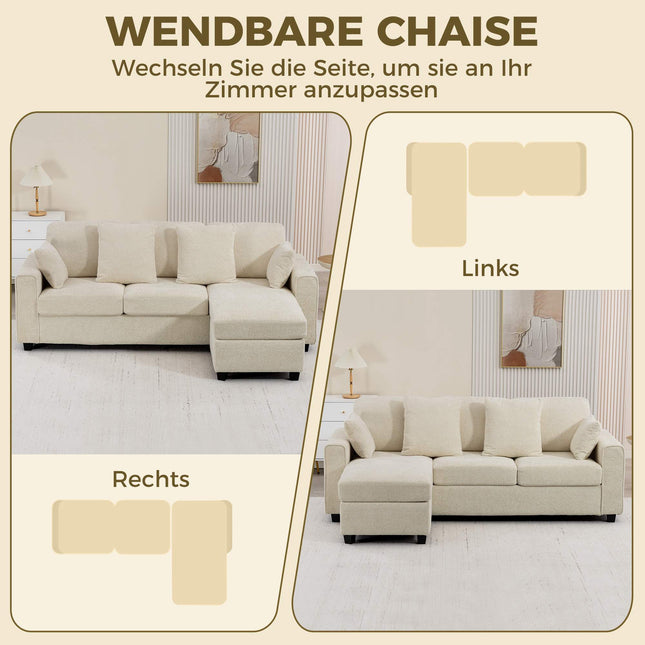 Umkehrbares Chaise 3-Sitzer Samtsofa, Beige, Tiefe Sitze