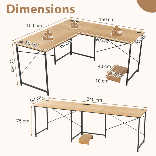 Reversible L-Shaped Corner Desk 150cm With USB-C Outlet