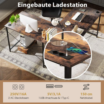 Reversibler L-förmiger Schreibtisch mit Ladestation, Braun