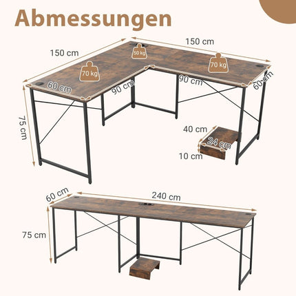 Reversibler L-förmiger Schreibtisch mit Ladestation, Braun