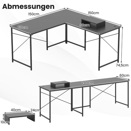 L-förmiger Schreibtisch mit Ladestation, umrüstbar, Grau