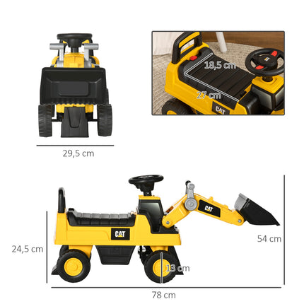 Riding excavator toy with shovel and horn, yellow/black