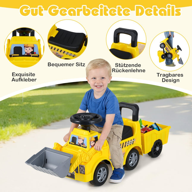 Kinder-Aufsitzbagger mit abnehmbarem Anhänger, Gelb