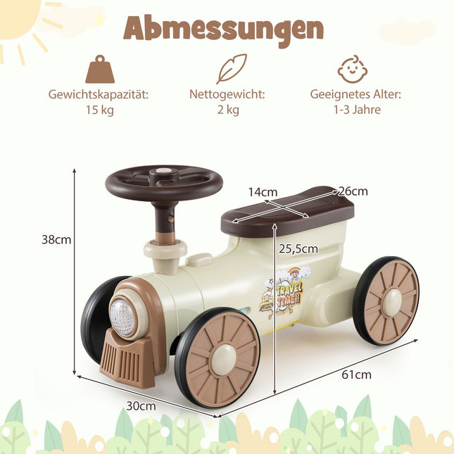 Aufsteigbarer Spielzeugzug mit Hupe, Stauraum, sicherer Lenkung