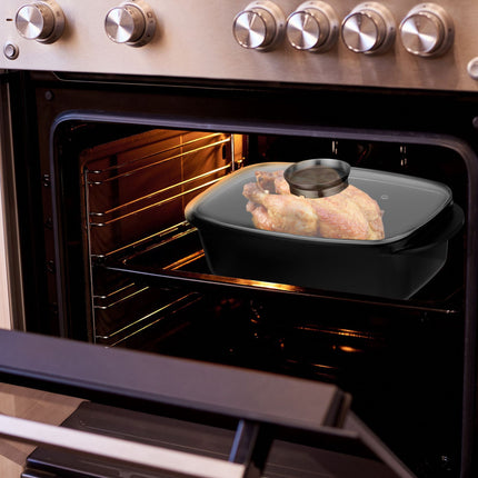 Roaster with lid and seasoning button