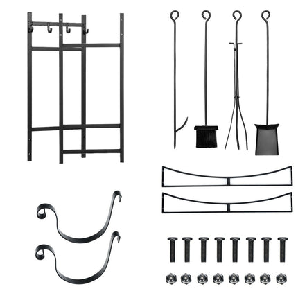 Râtelier à bois robuste et ensemble d'outils avec supports à bois d'allumage et pelle 91x33x76cm noir