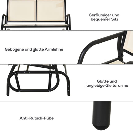 Chaise à bascule 2 places, banc de jardin, balancelle de jardin, banc de parc, mobilier de jardin en métal, noir et beige, 120 x 70 x 85 cm