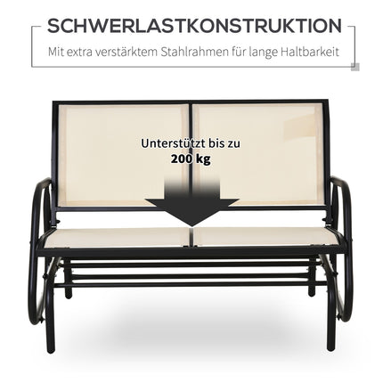 Chaise à bascule 2 places, banc de jardin, balancelle de jardin, banc de parc, mobilier de jardin en métal, noir et beige, 120 x 70 x 85 cm