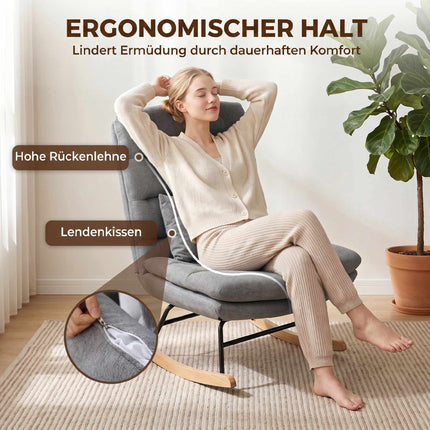 Schaukelstuhl, Leinenoptik, Lendenkissen, Hellgrau
