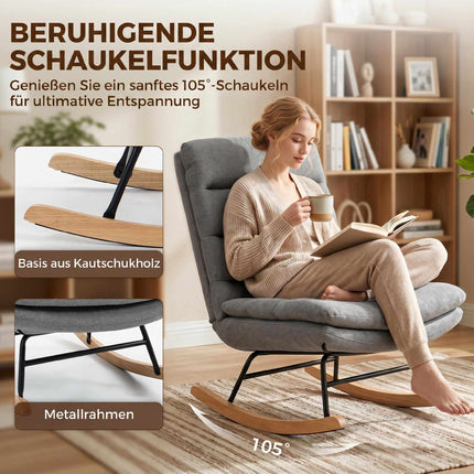 Schaukelstuhl, Leinenoptik, Lendenkissen, Hellgrau