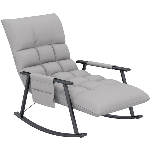 Fauteuil à bascule relax avec repose-pieds et poche latérale, dossier réglable jusqu'à 120 kg, microfibre grise