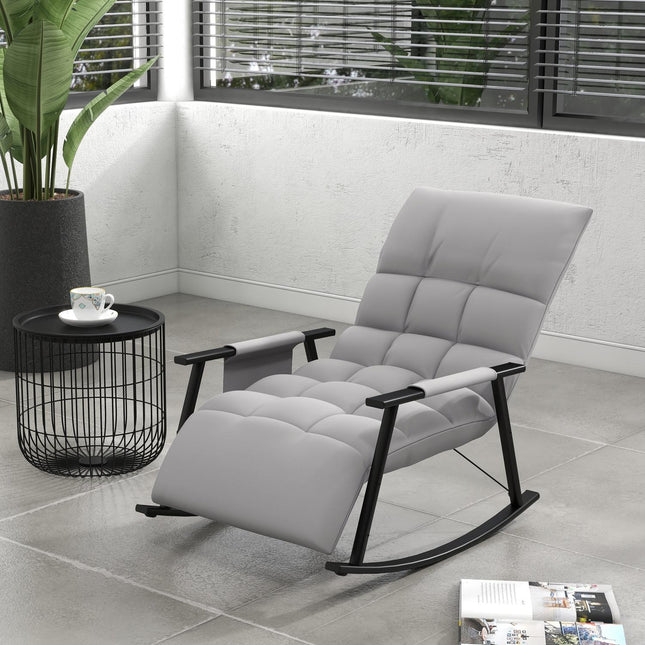 Fauteuil à bascule relax avec repose-pieds et poche latérale, dossier réglable jusqu'à 120 kg, microfibre grise