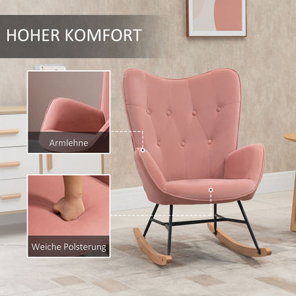 Rosa Samt-Schaukelstuhl – Stahlrahmen, Kautschukholz