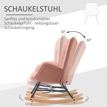 Rosa Samt-Schaukelstuhl – Stahlrahmen, Kautschukholz