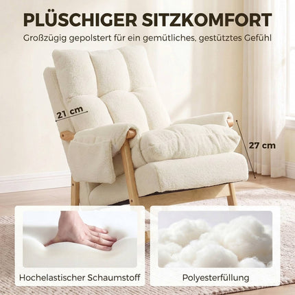 Rocking Chair with 2 Side Pockets and Rubberwood Legs, Cream White, Snow Flannel