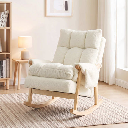 Rocking Chair with 2 Side Pockets and Rubberwood Legs, Cream White, Snow Flannel